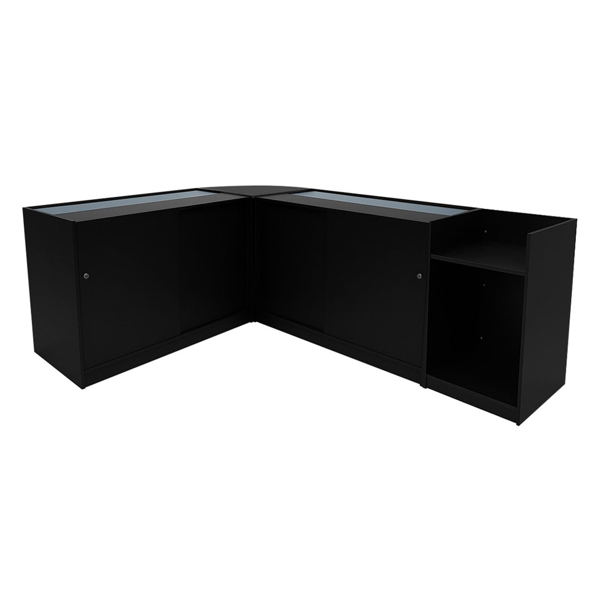 Set di banconi angolari neri con illuminazione LED, design moderno, superfici lisce e ante in vetro, ideale per spazi commerciali