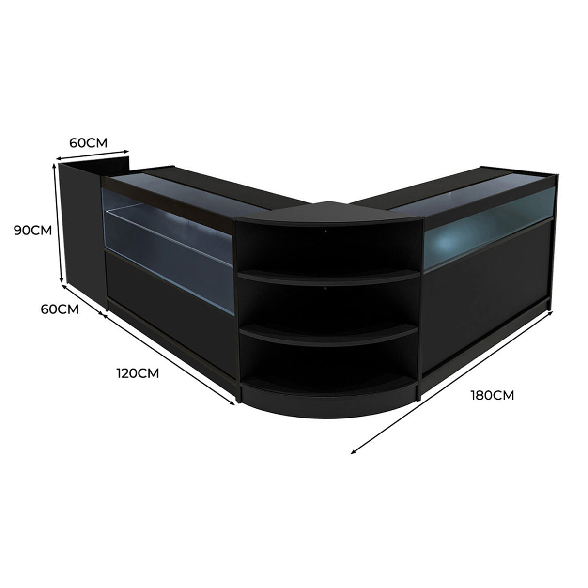 Set banconi neri con illuminazione LED, design moderno a forma di V, mensole aperte e superfici lucide, misure 180x120x90 cm