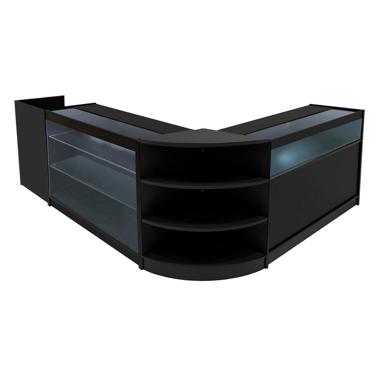 Set di banconi neri con illuminazione LED, design moderno, superfici lisce e ripiani trasparenti per esposizione elegante di prodotti