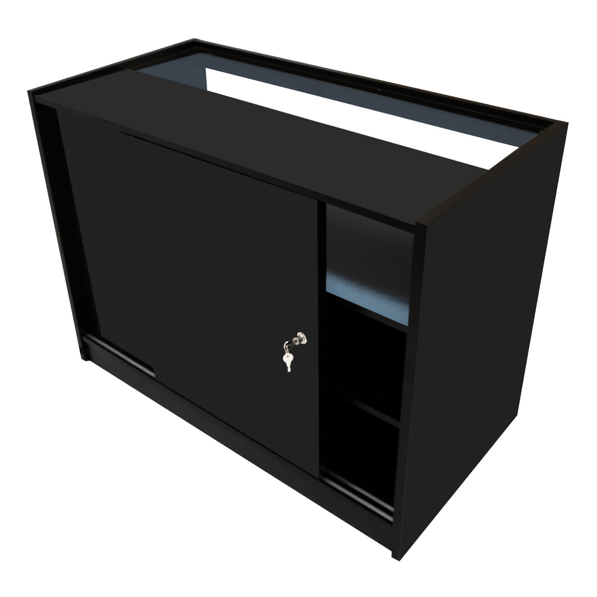 Set banconi neri con illuminazione LED, design moderno, superficie liscia, ante scorrevoli e ripiani interni per un'ottima organizzazione