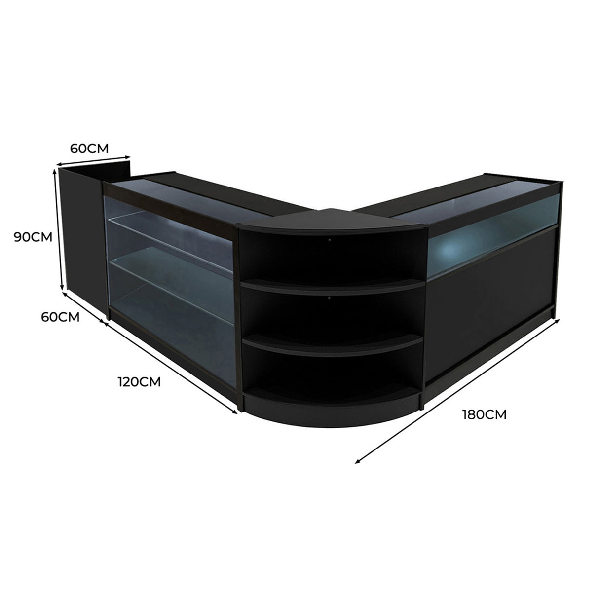 Set banconi neri con illuminazione LED, design angolare, dimensioni 180x120x90 cm, ripiani trasparenti e finitura liscia