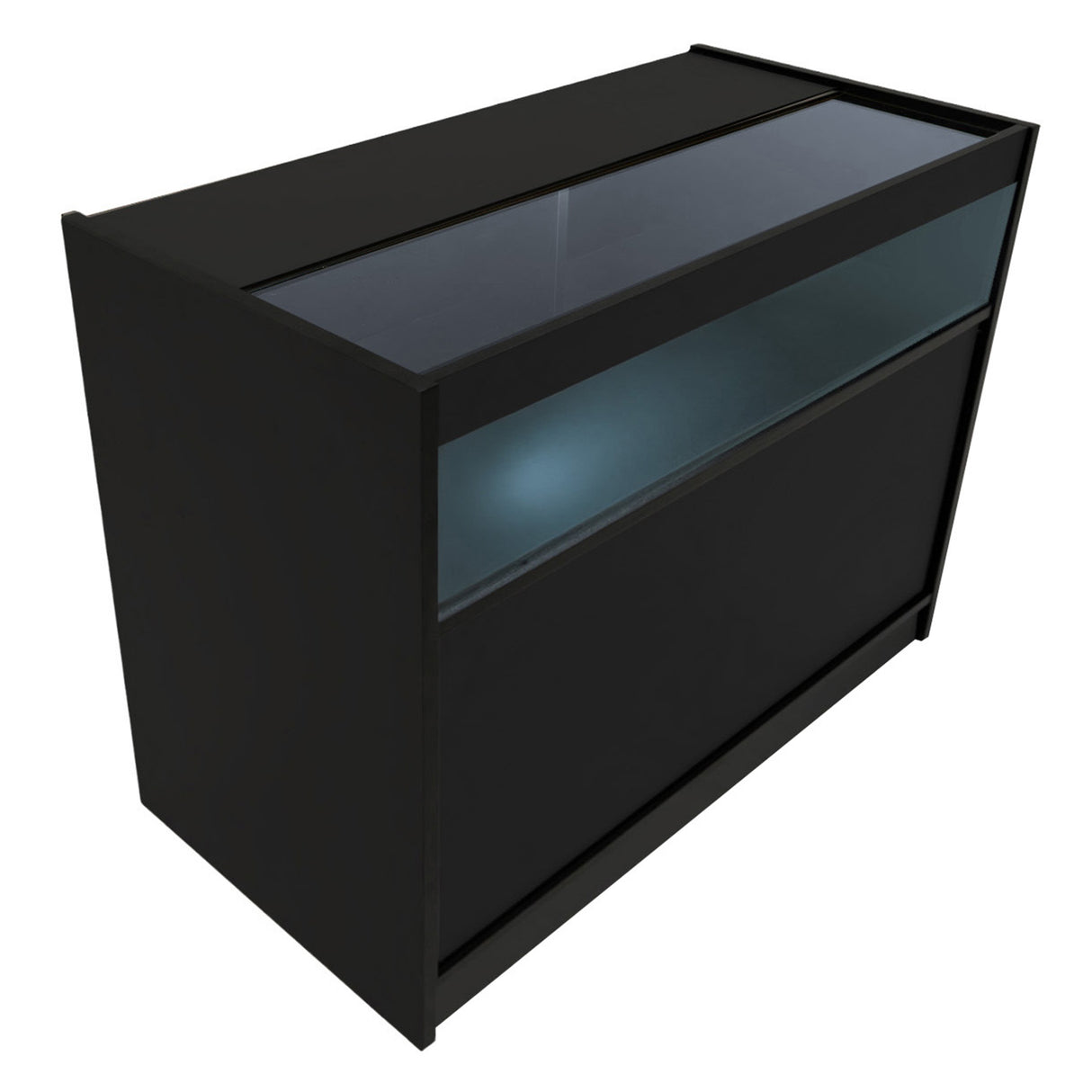 Bancone nero con illuminazione LED, design moderno e lineare, superficie liscia e vetro trasparente per un tocco elegante