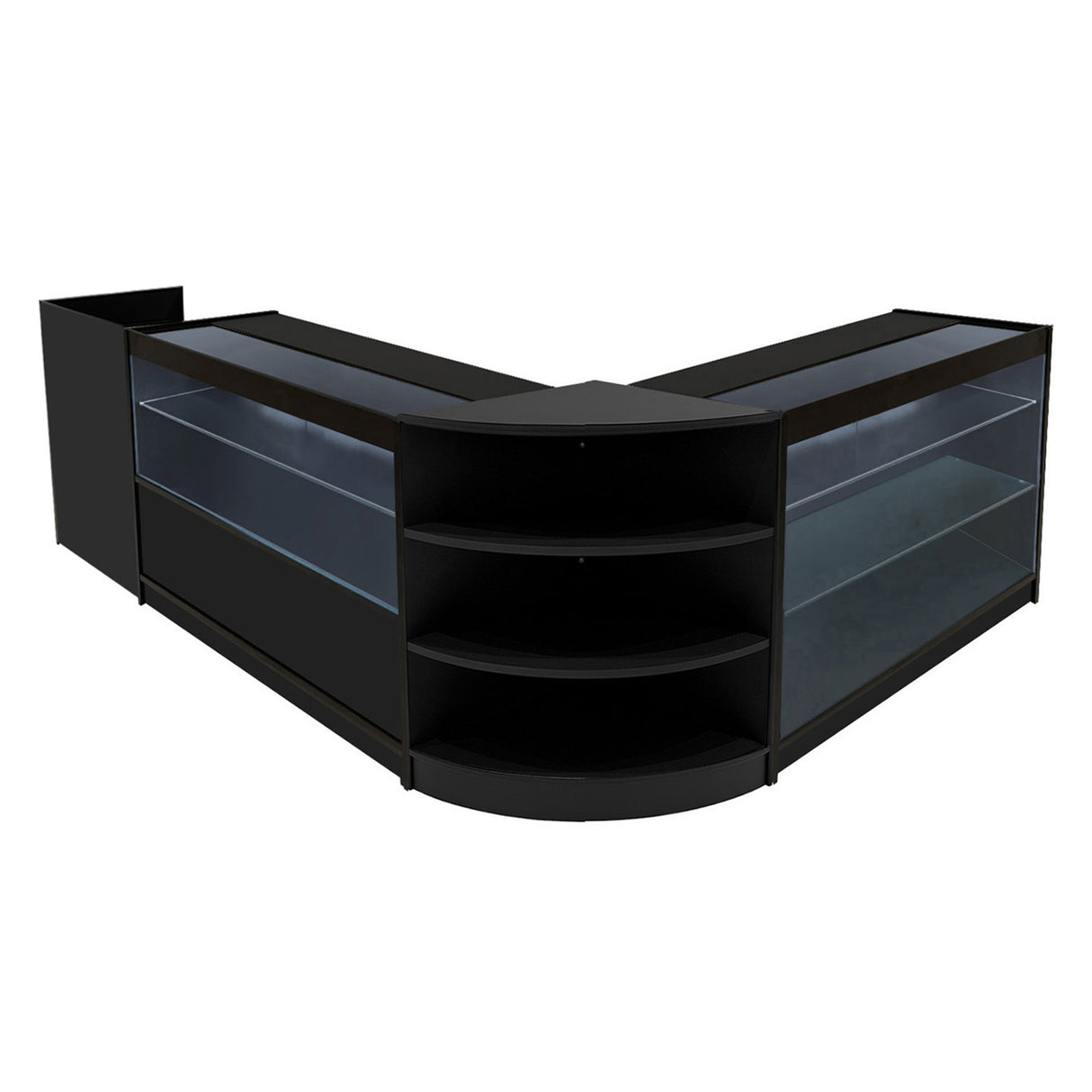 Set banconi Theia LED in nero, design moderno con ripiani in vetro trasparente e finiture eleganti, ideale per esposizione prodotti