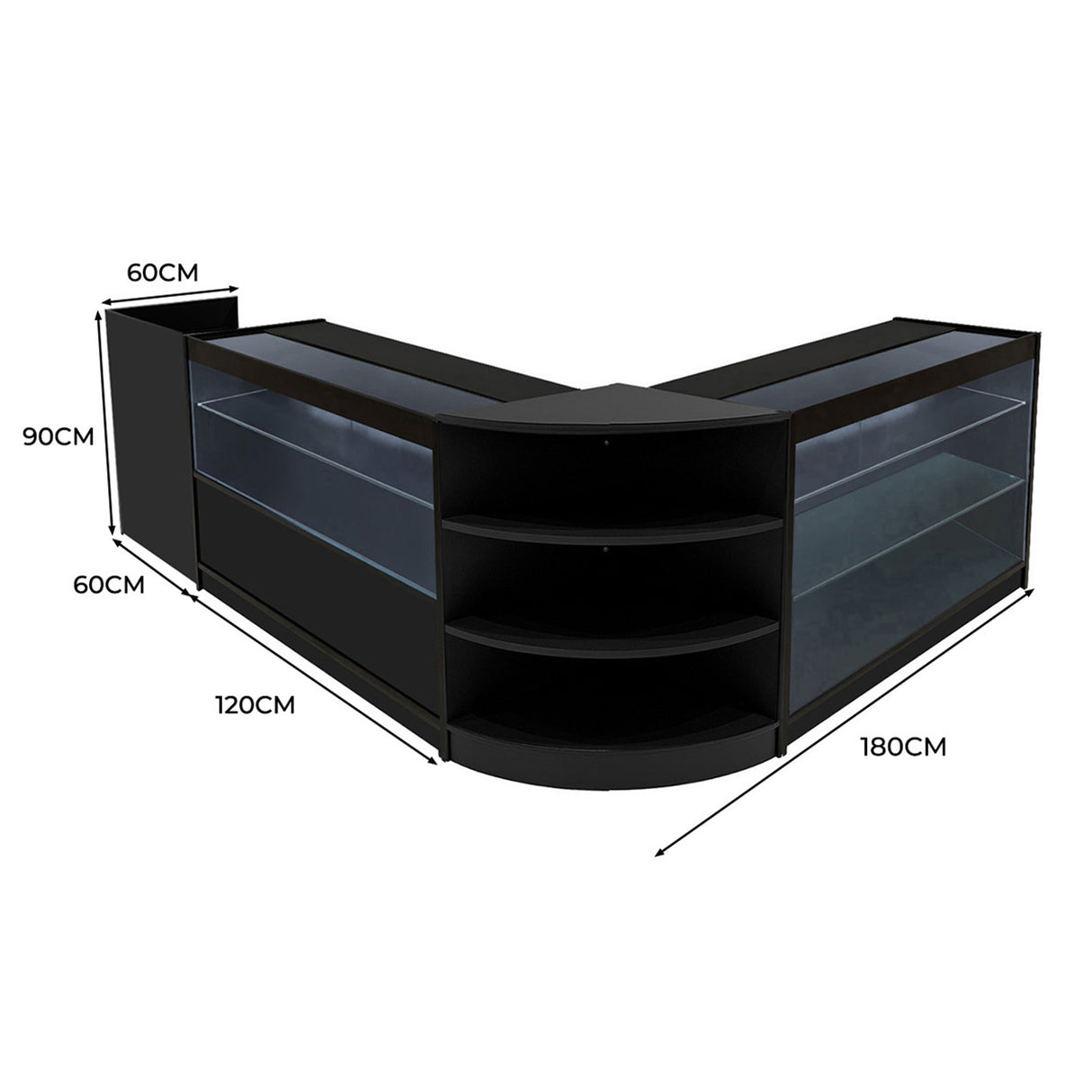 Set banconi Theia LED in nero, design elegante con ripiani in vetro, misure 120x90x60 cm, perfetto per esposizione e vendita