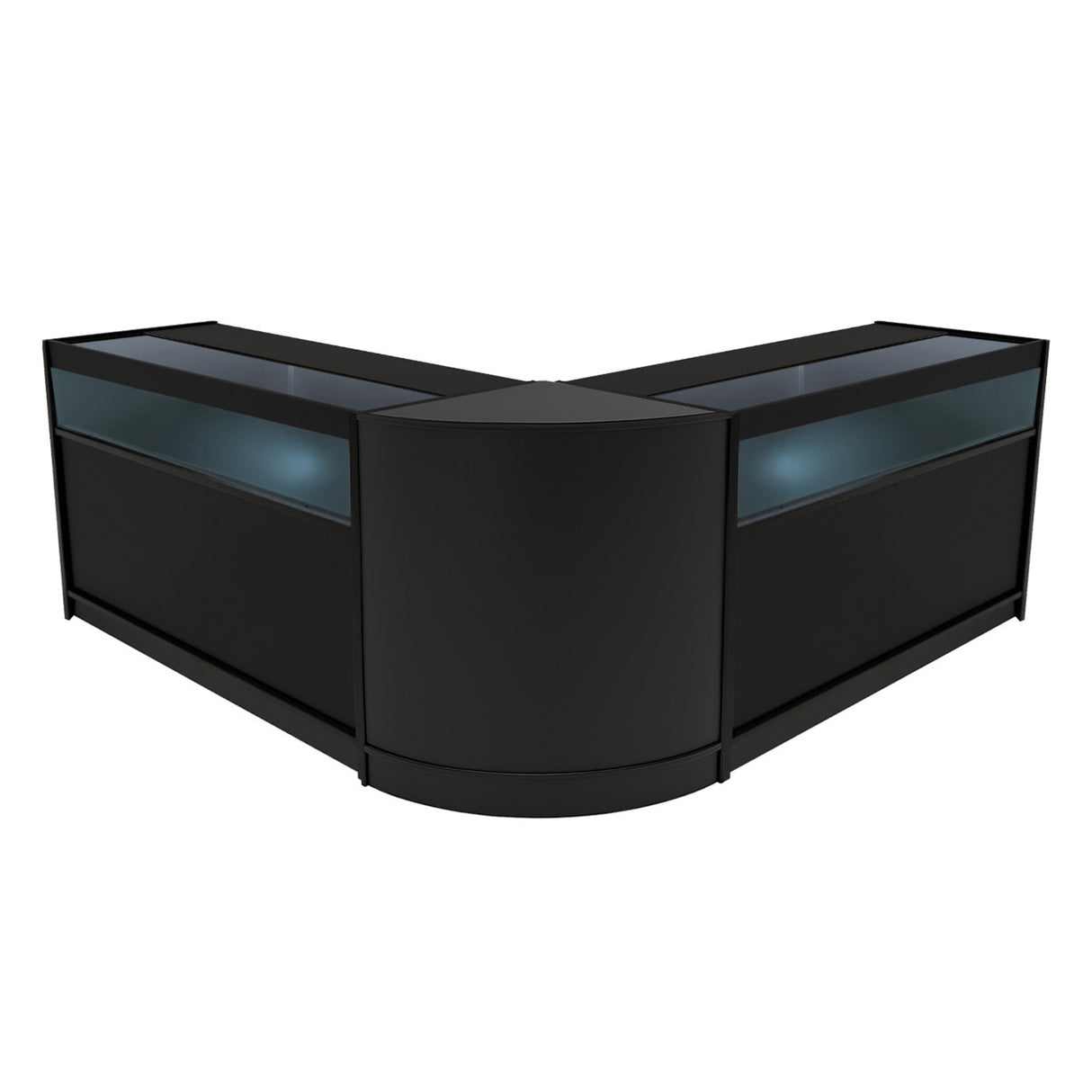 Set banconi Iris con LED B1500 e angolo CM60 in nero, design moderno, superfici lisce e illuminate, perfetti per esposizioni eleganti