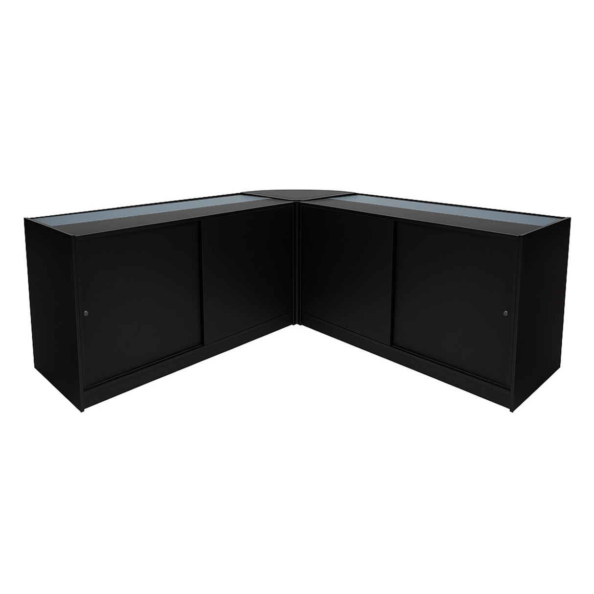 Set di banconi Iris neri con illuminazione LED, design angolare elegante, superficie liscia e finitura moderna, perfetti per spazi commerciali