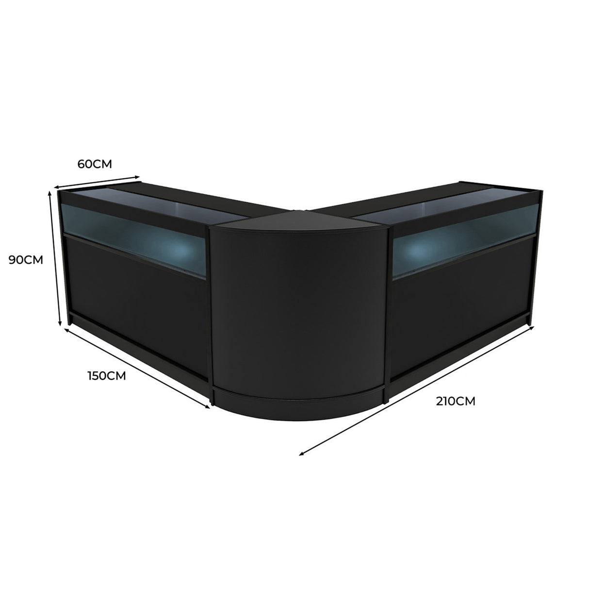 Set banconi Iris con LED, design angolare nero, dimensioni 150x90x60 cm, superficie liscia e moderna, illuminazione integrata