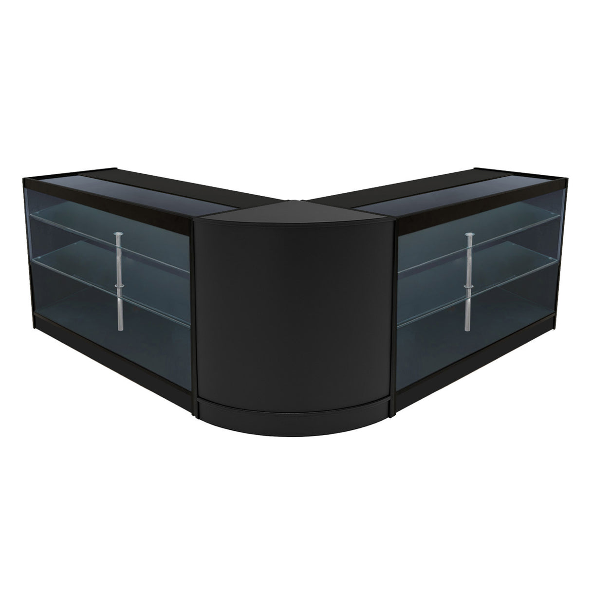 Set banconi Helios angolare in nero con illuminazione LED, dotato di ripiani in vetro trasparente e struttura elegante e moderna