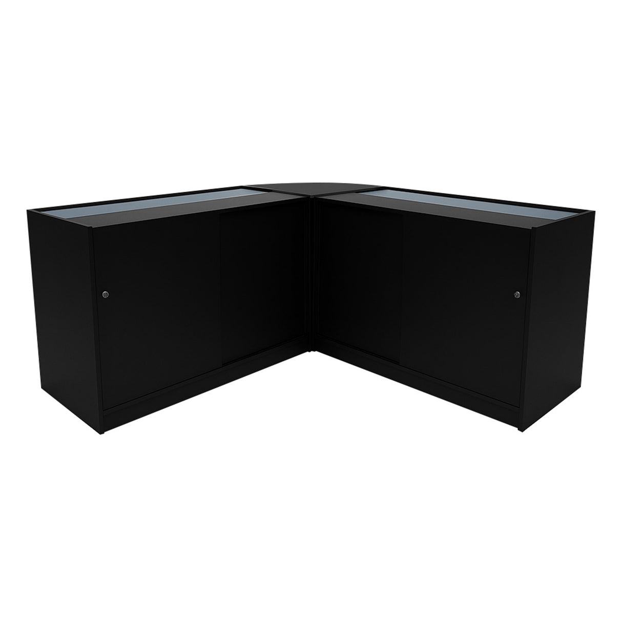 Set banconi Helios angolare in nero, con illuminazione LED, presenta superfici lisce e ante in vetro per un design moderno ed elegante