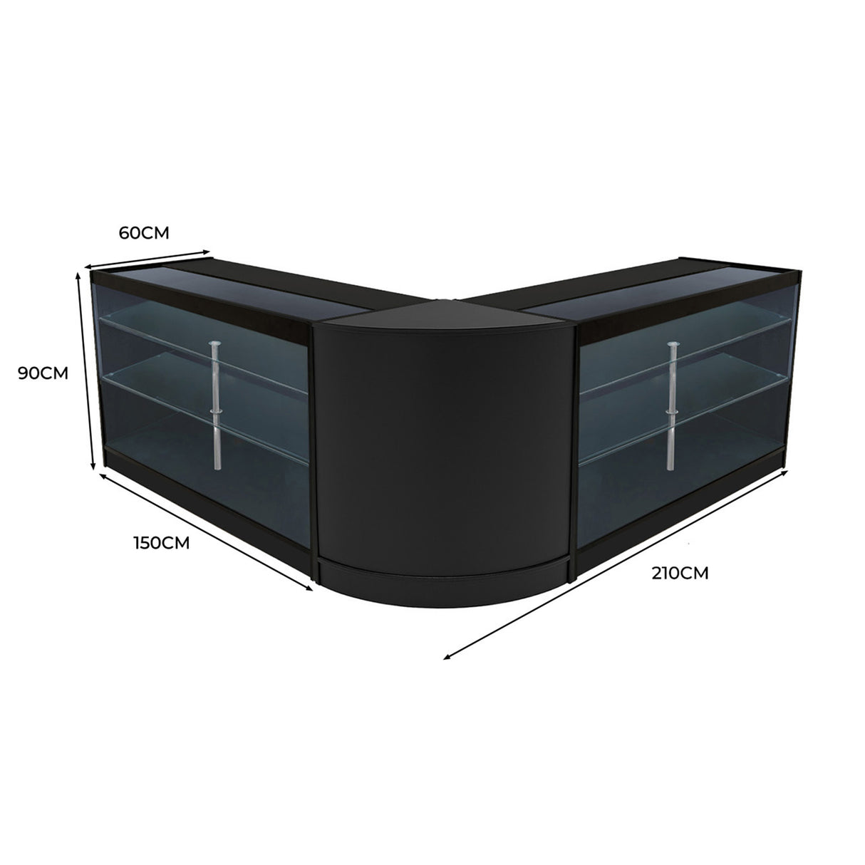 Set di banconi Helios angolari neri con illuminazione LED, dimensioni 210x150x90 cm, design moderno e superfici in vetro trasparente
