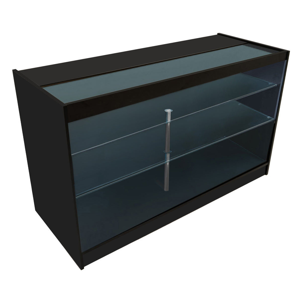 Set banconi Helios in nero con illuminazione LED, struttura elegante, ripiani in vetro trasparente e design moderno per esposizione prodotti