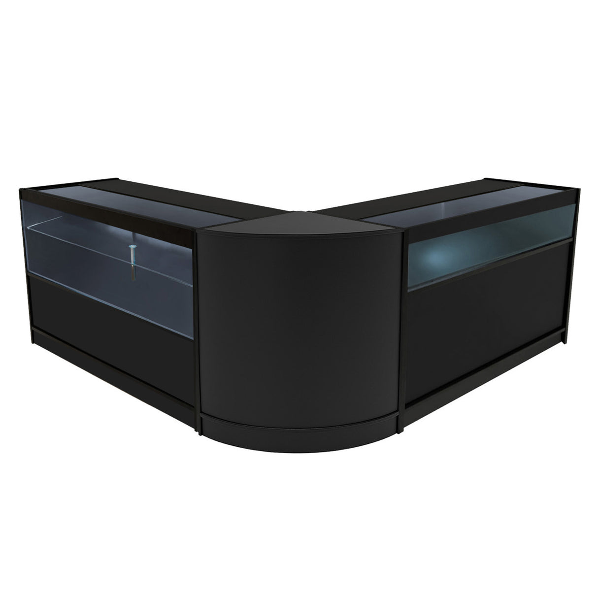 Set banconi da negozio Adonis in nero, con illuminazione LED, design angolare, vetro trasparente e finitura liscia e moderna