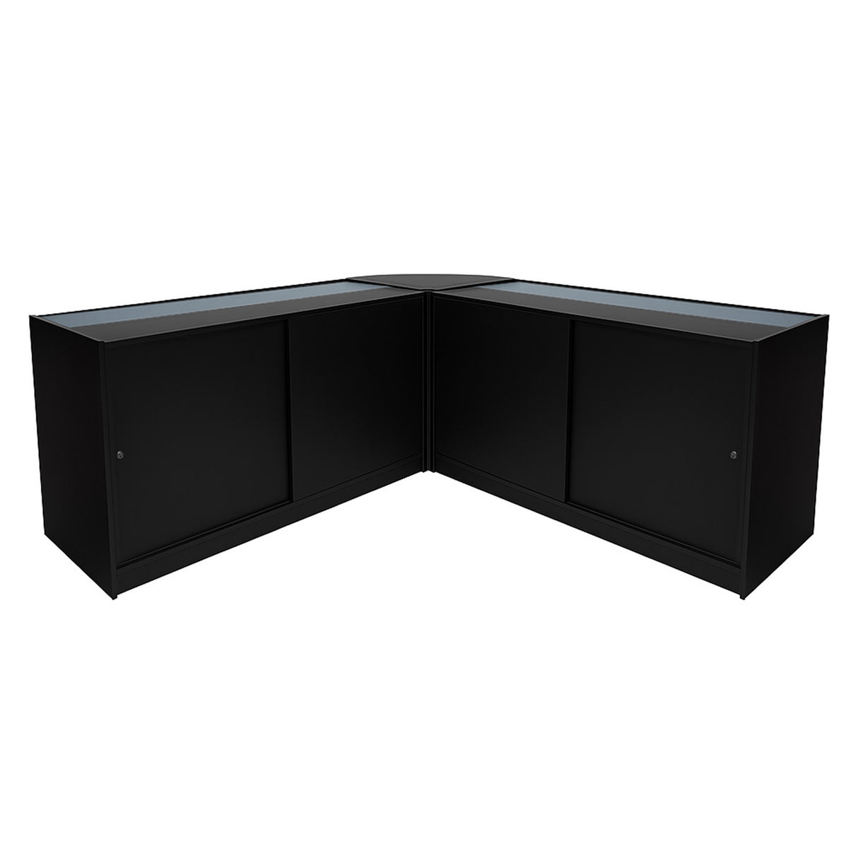 Set banconi da negozio Adonis in nero, con finitura lucida, angolare, dotato di ripiani in vetro e illuminazione LED integrata