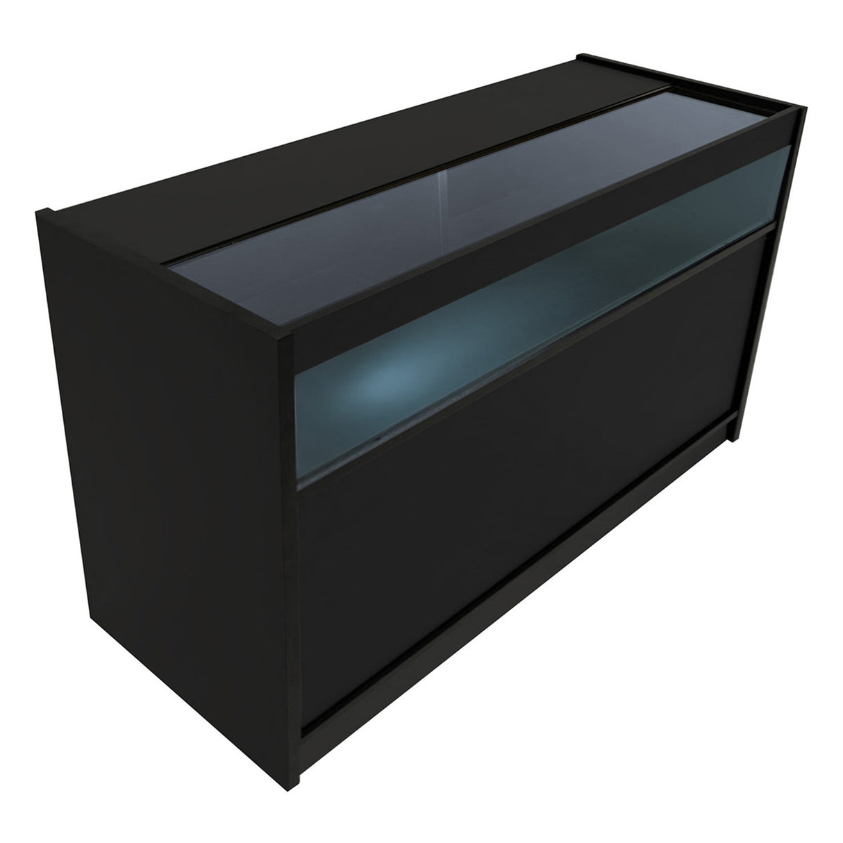 Bancone da negozio Adonis LED in nero, con superficie in vetro e illuminazione LED, design moderno e elegante per esposizione prodotti