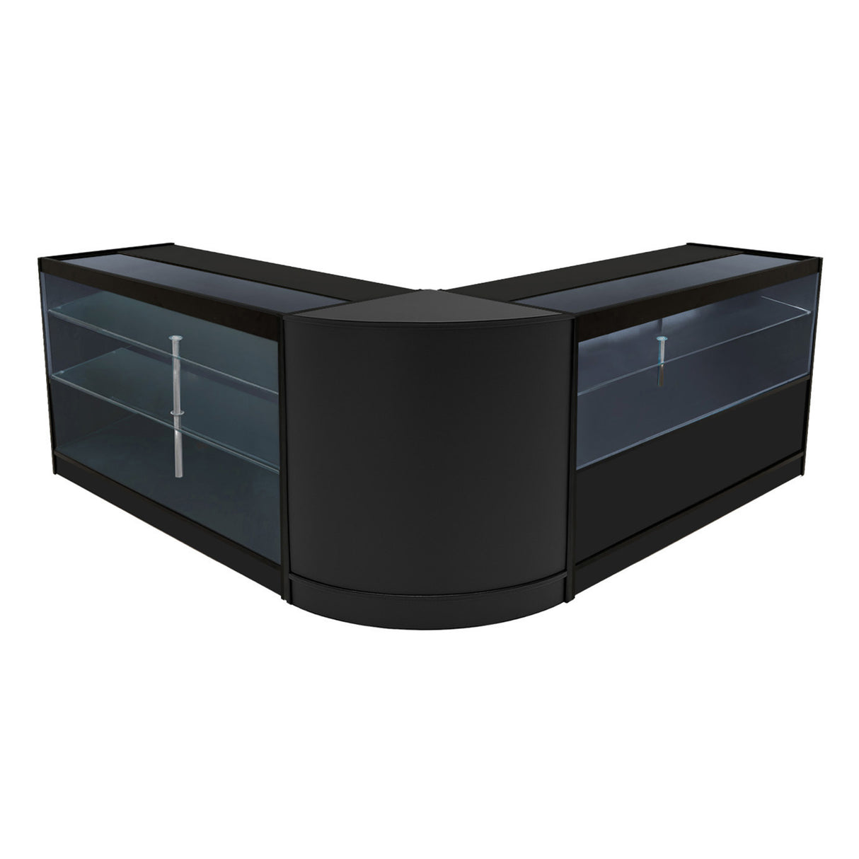 Set bancone Hera LED in nero, design angolare elegante con ripiani in vetro trasparente e finitura liscia, ideale per esposizione prodotti