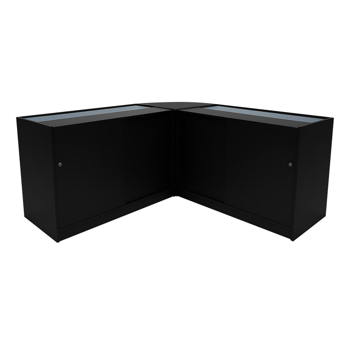 Set bancone angolare Hera LED in nero, con finitura liscia e ante scorrevoli, ideale per spazi moderni e funzionali