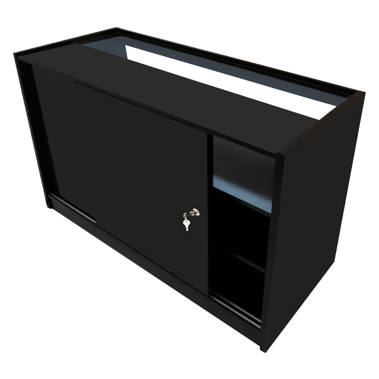 Set bancone Theseus LED in nero, con ante scorrevoli, ripiani interni e illuminazione LM60, design moderno e elegante