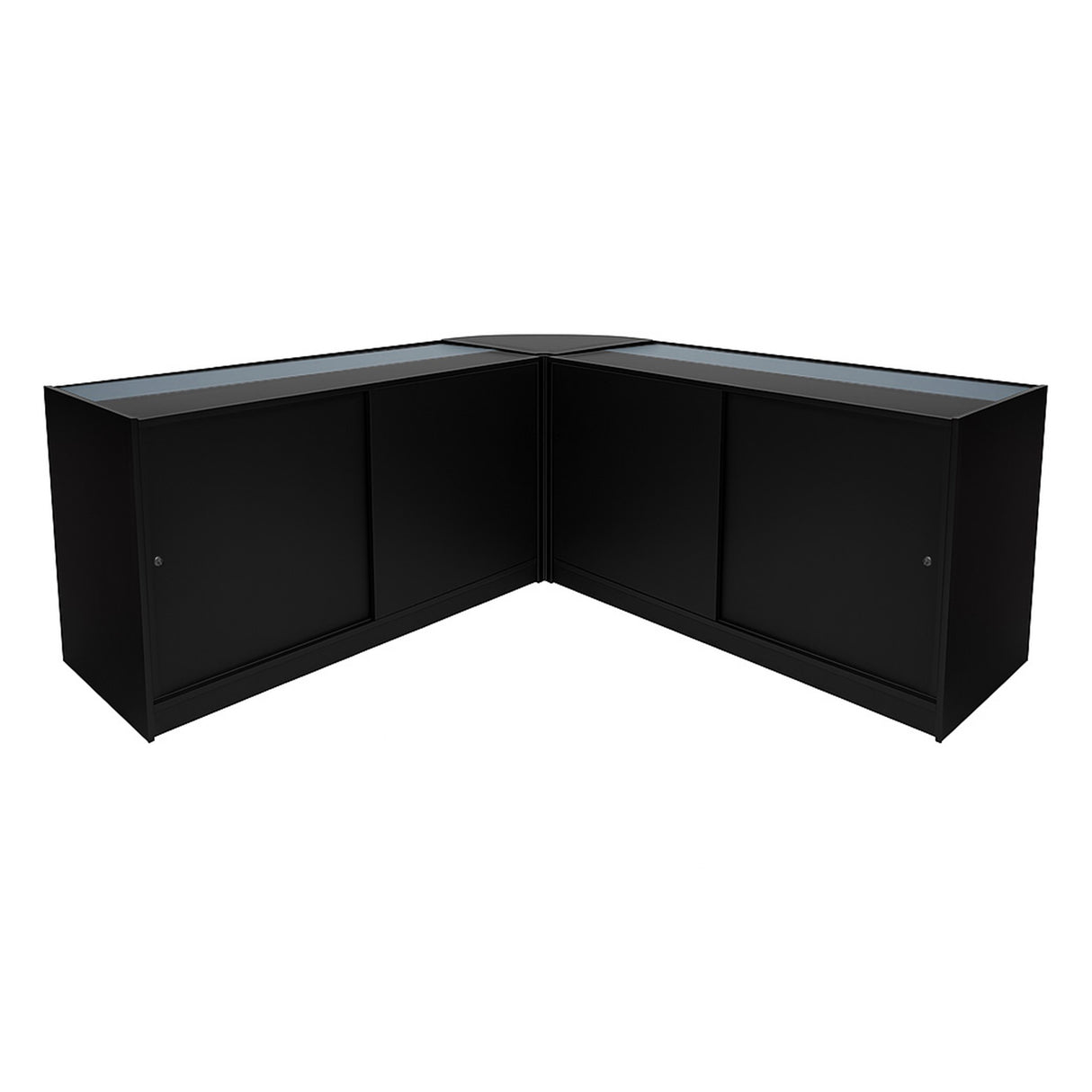 Set bancone Theseus LED in nero, design angolare elegante con superficie in vetro, ideale per spazi moderni e funzionali