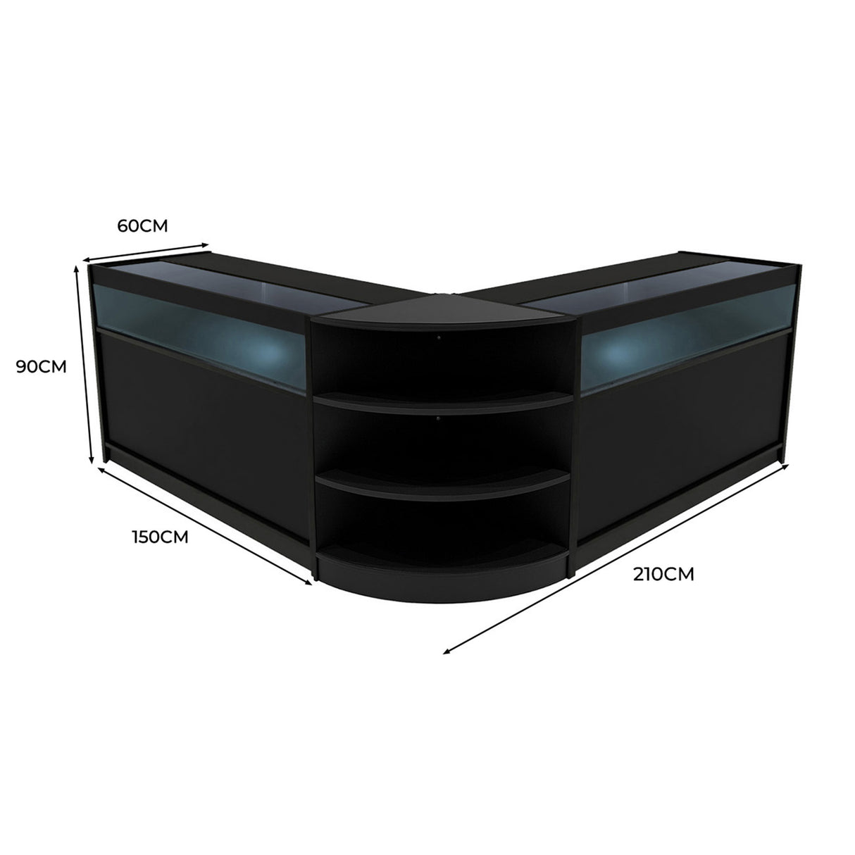 Bancone Theseus LED nero con dimensioni 210x150x90 cm, dotato di ripiani e illuminazione LM60, design moderno e funzionale