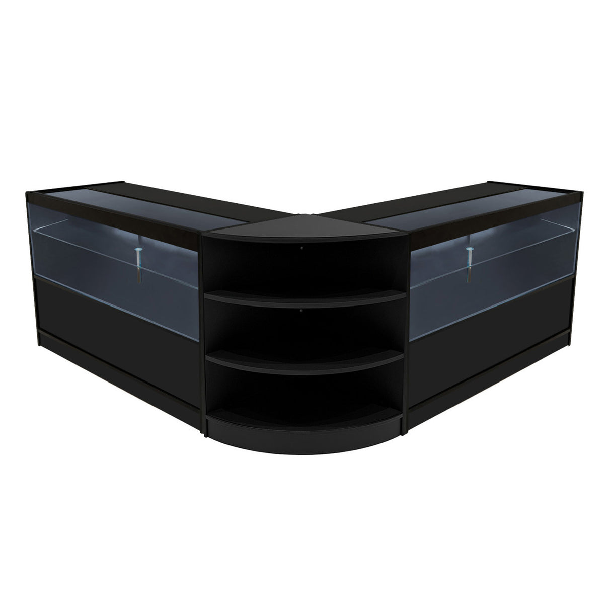 Set di banconi da negozio Andromeda LED, colore nero, con ripiani in vetro e design angolare elegante per esposizione prodotti
