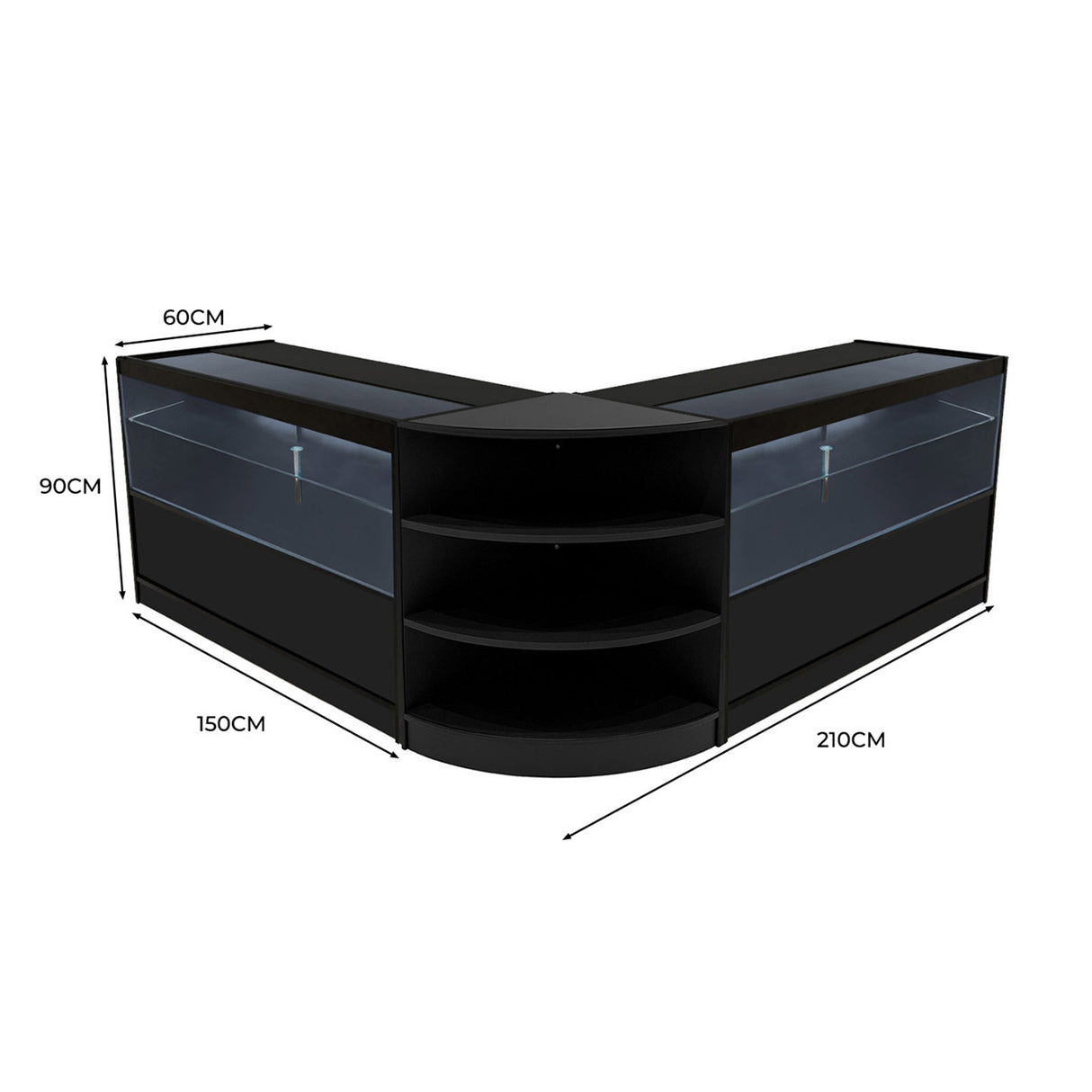 Banconi da negozio Andromeda in nero, con illuminazione LED, vetro trasparente e ripiani curvi, dimensioni 150x210x90 cm