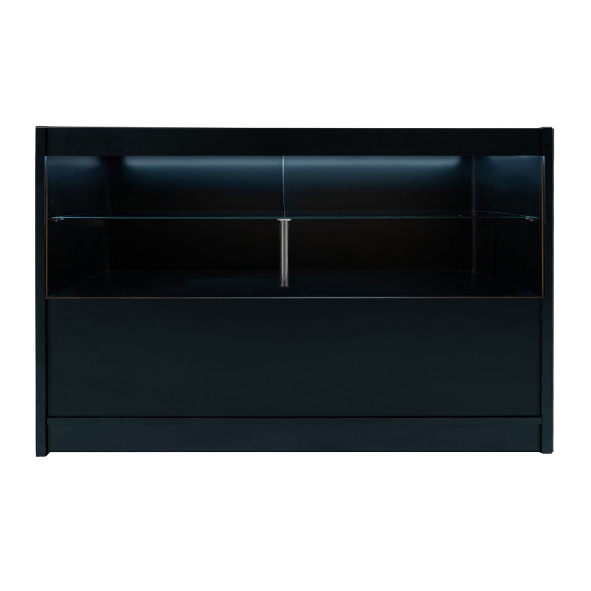 Bancone da negozio Andromeda LED in nero, design elegante con superficie liscia e illuminazione integrata, ideale per esposizione prodotti