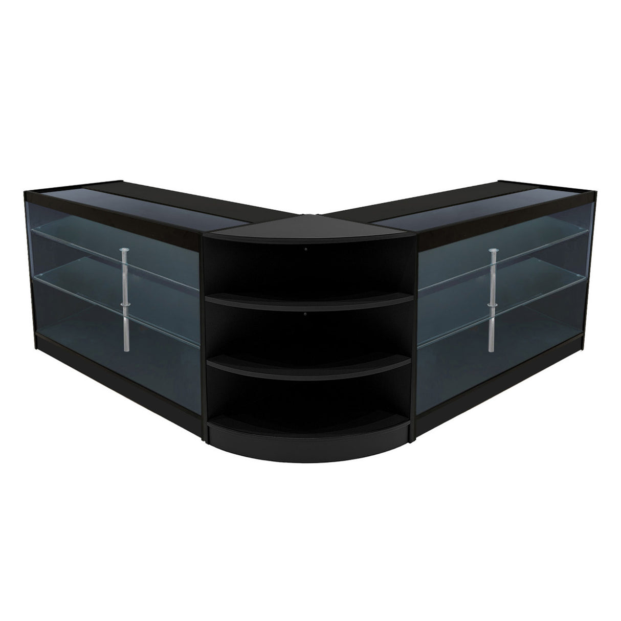 Bancone negozio angolare Apollo LED nero, con ripiani in vetro trasparente e struttura elegante, ideale per esposizione prodotti