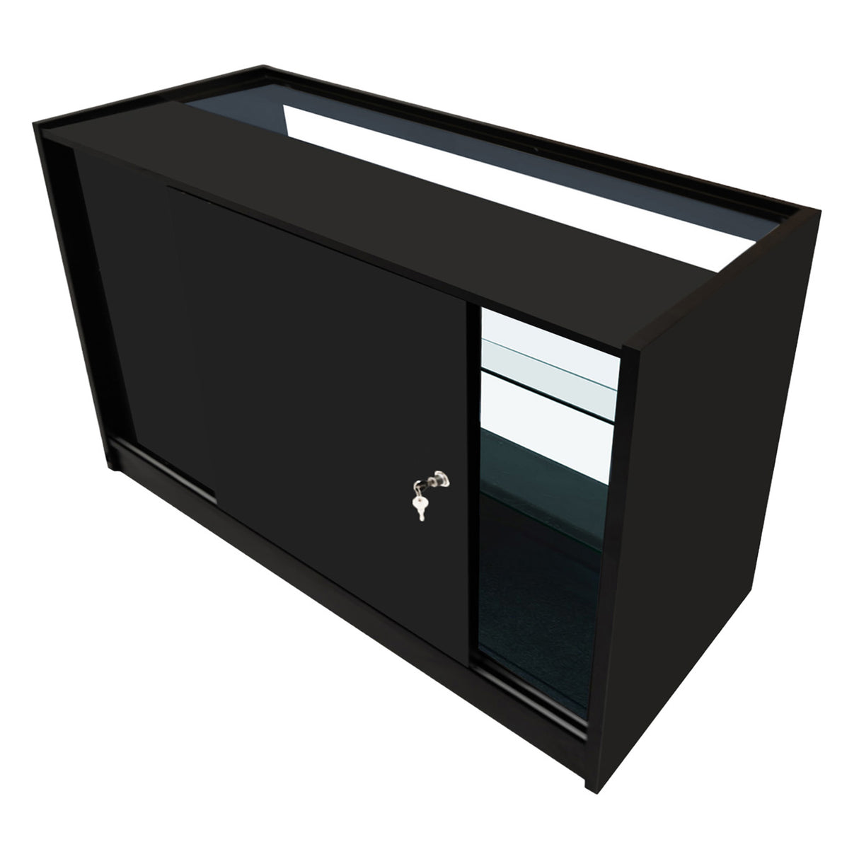 Bancone negozio Apollo LED in nero, con ante scorrevoli e ripiani in vetro, design moderno e finitura elegante per esposizione prodotti