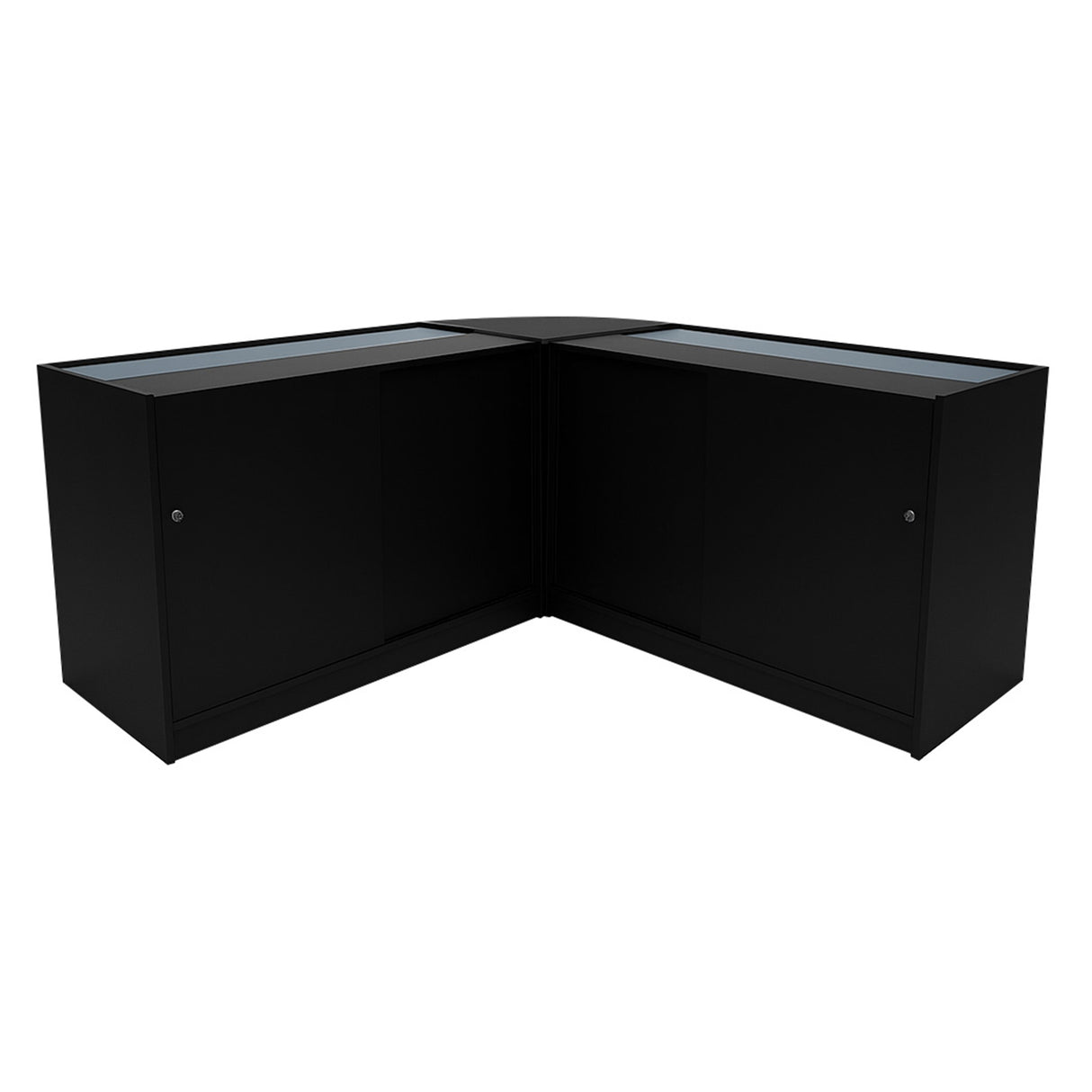 Set bancone negozio Apollo LED in nero, con due moduli K1500 e angolare LM60, caratterizzato da finiture lisce e moderne