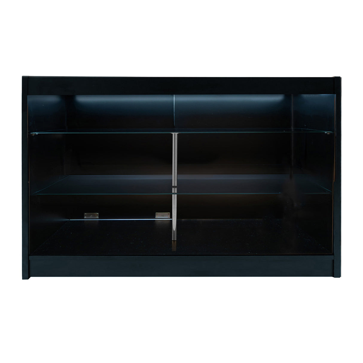 Bancone negozio Apollo LED nero, con ripiani in vetro trasparente e illuminazione interna, design elegante e moderno