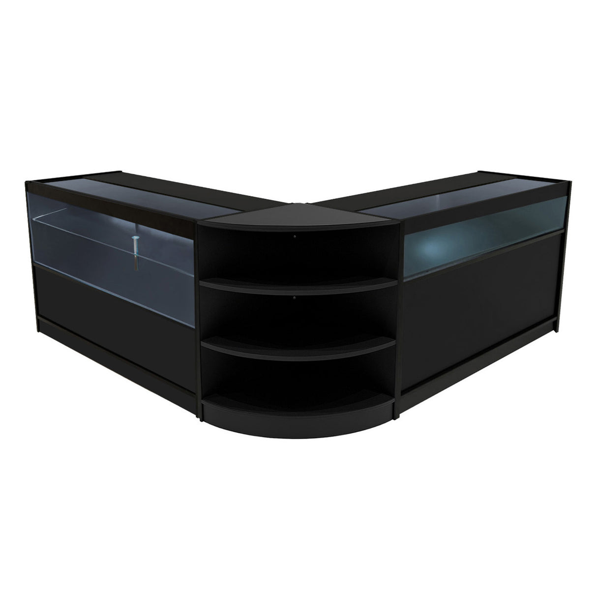Set banconi LED Harmonia in nero, design angolare con ripiani aperti e vetrina trasparente, perfetto per esposizione e vendita
