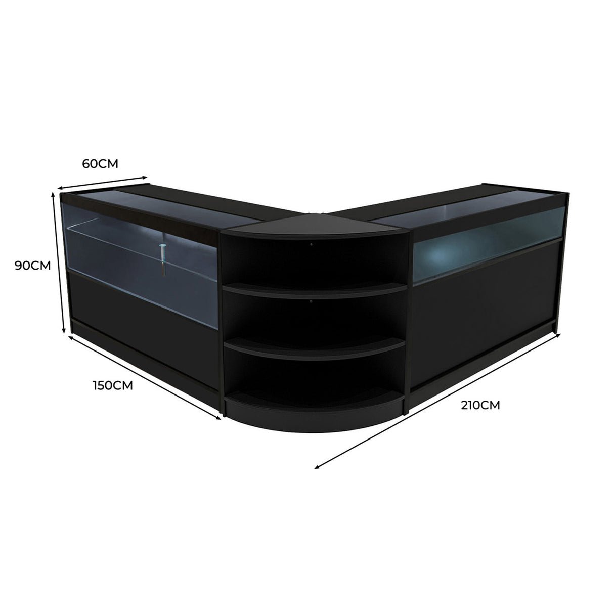 Set banconi LED Harmonia in nero, design angolare con ripiani, misure 210x150x90 cm, superficie liscia e moderna, illuminazione integrata