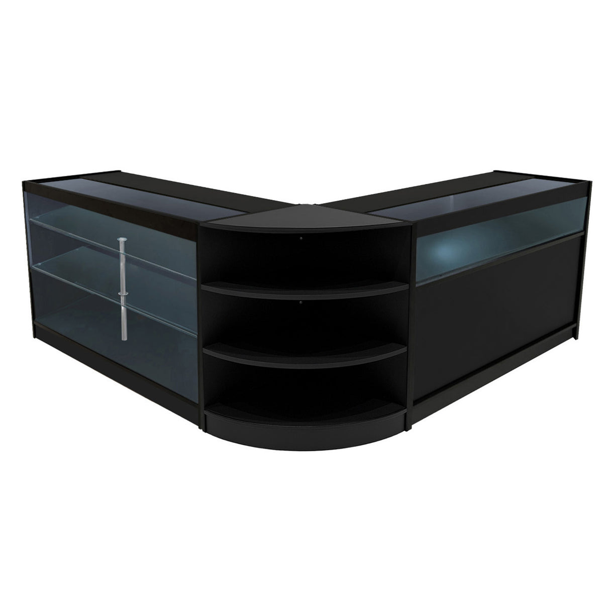 Set banconi LED Demeter K1500, B1500 e LM60 in nero, con ripiani in vetro e struttura elegante, ideale per esposizioni moderne