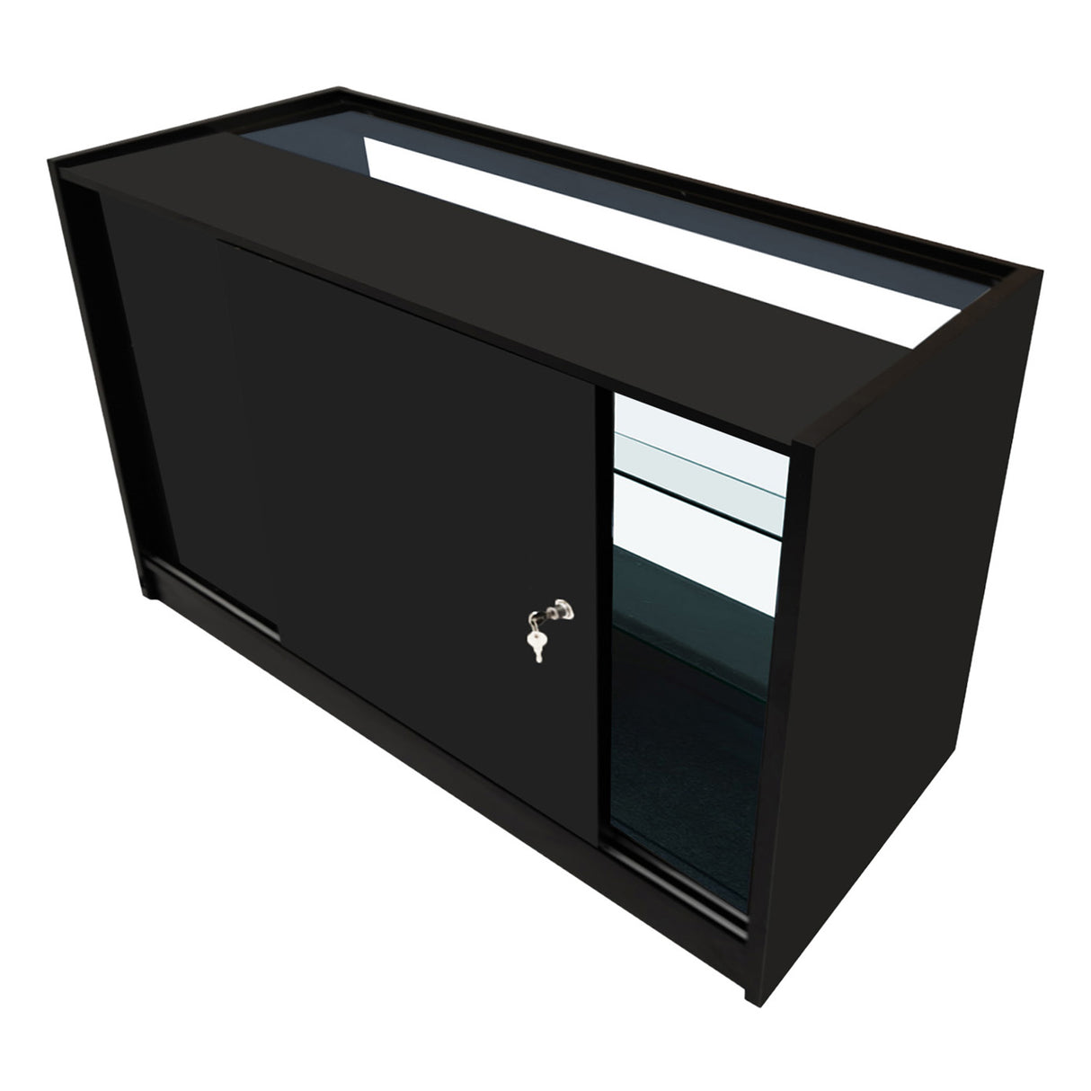 Set banconi LED Demeter in nero, con finitura liscia, ante scorrevoli e interni luminosi, ideale per esposizioni eleganti