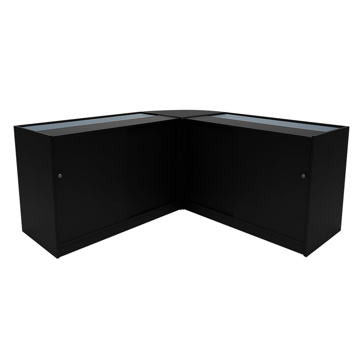Set banconi LED Demeter in nero, con finitura liscia, angolare, dotato di ripiani in vetro e ante scorrevoli per un design elegante e moderno