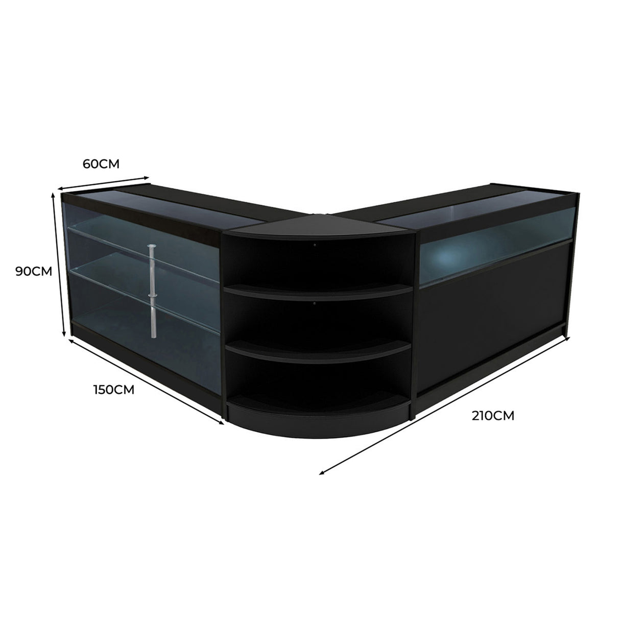 Set banconi LED Demeter in nero, design angolare con ripiani in vetro, misure 210x150x90 cm, elegante e moderno per spazi commerciali
