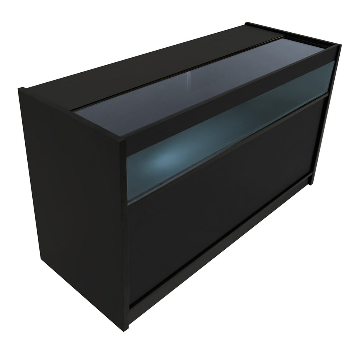 Bancone LED Demeter in nero, con superficie liscia e vetro trasparente, design moderno e linee eleganti, ideale per spazi commerciali