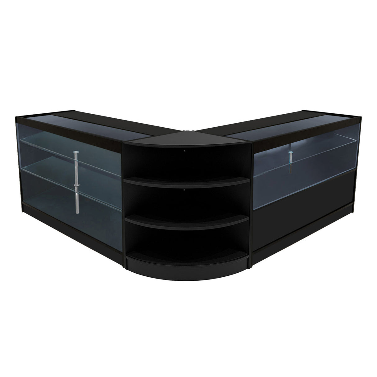 Set banconi negozio Calliope in nero, con ripiani in vetro trasparente e finiture lucide, design moderno e angolare per esposizione prodotti