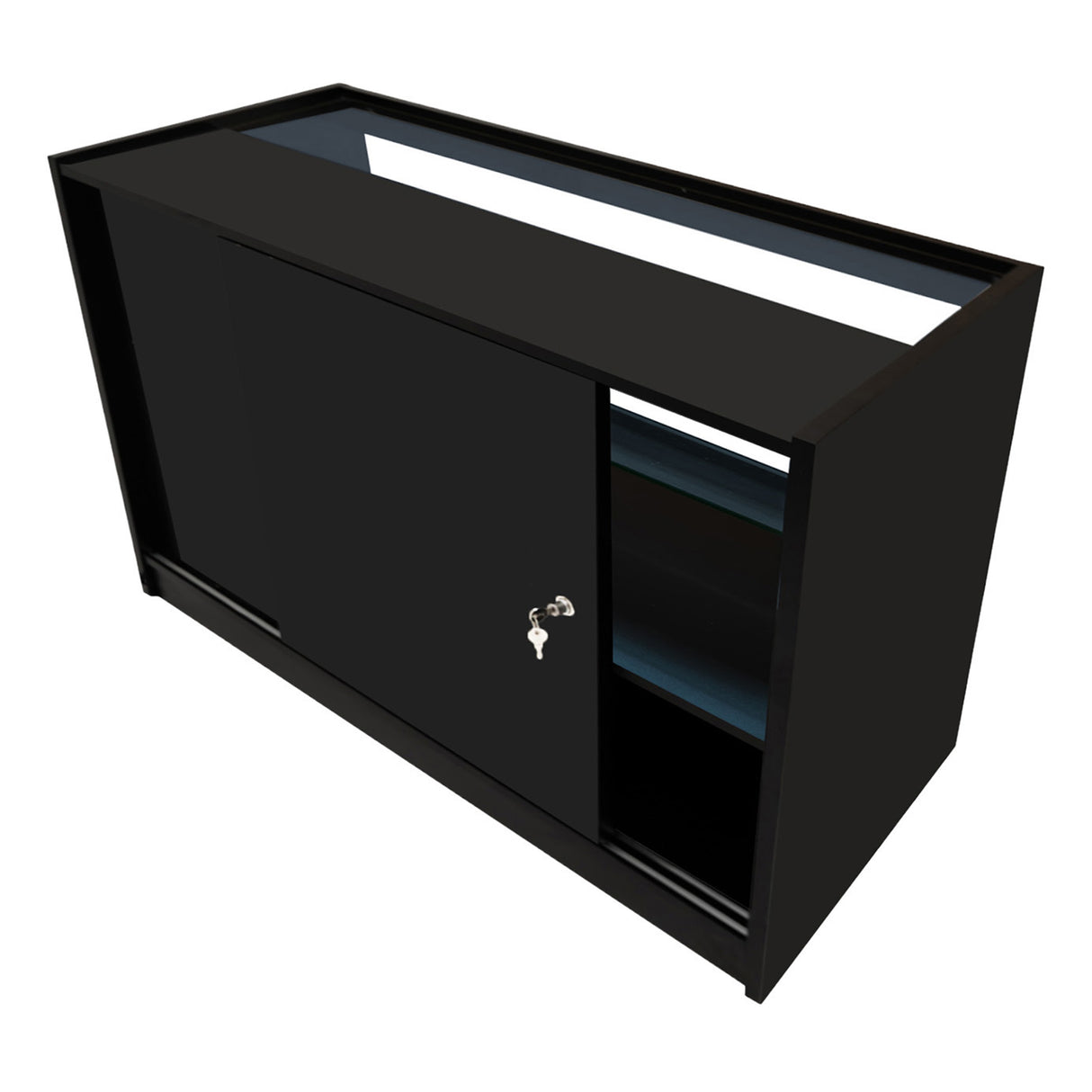 Bancone negozio Calliope in nero, con ante scorrevoli, ripiani interni e illuminazione LED, design moderno e elegante per esposizione prodotti