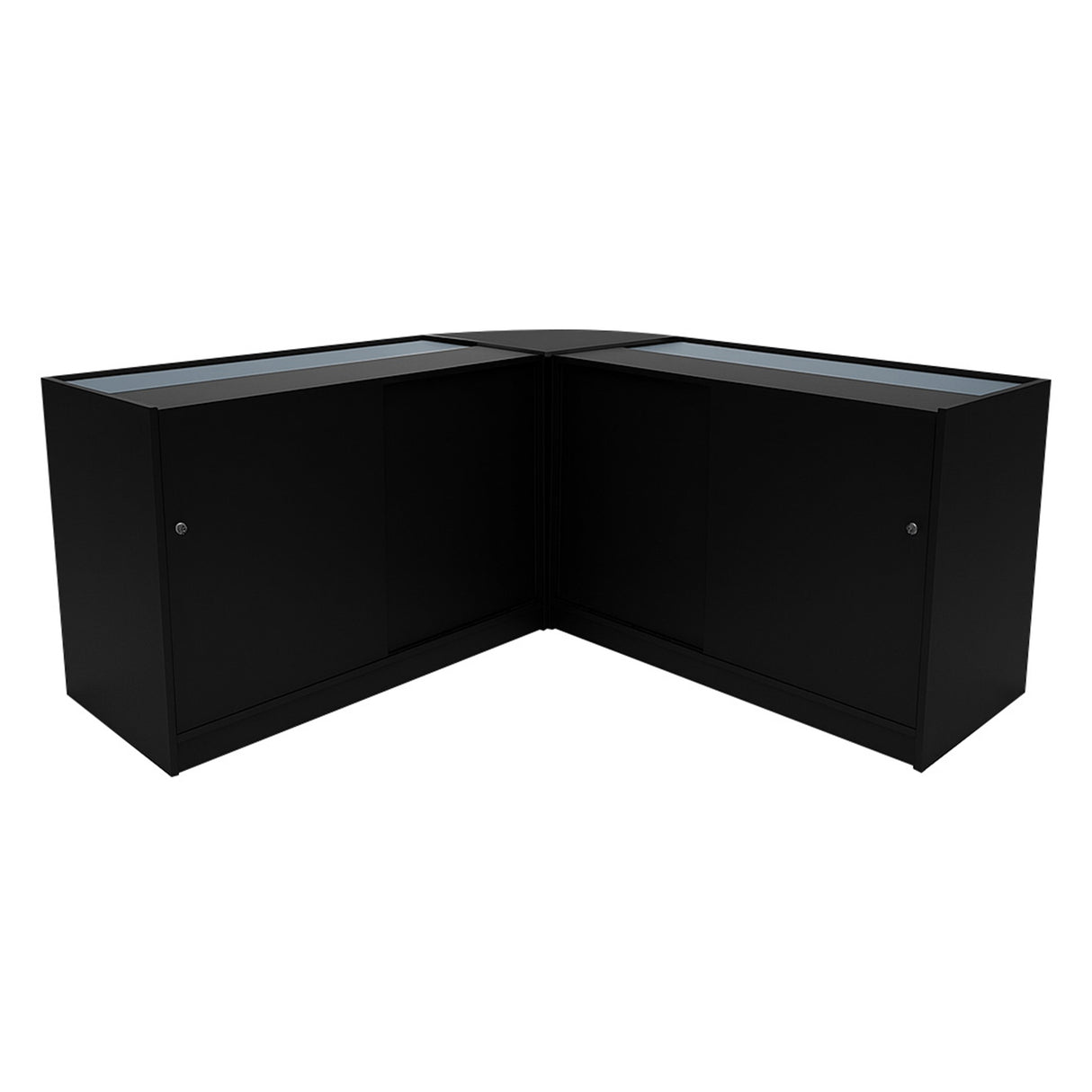 Set banconi negozio Calliope in nero, con finitura liscia, angolare, dotato di ripiani in vetro e ante scorrevoli per esposizione elegante