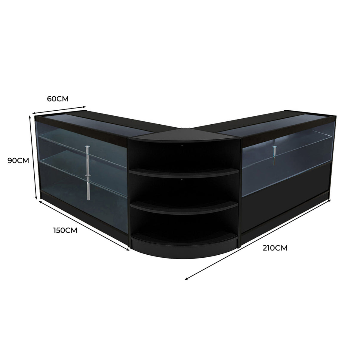 Set banconi negozio Calliope in nero, con ripiani in vetro, design angolare, dimensioni 210x150x90 cm, elegante e moderno