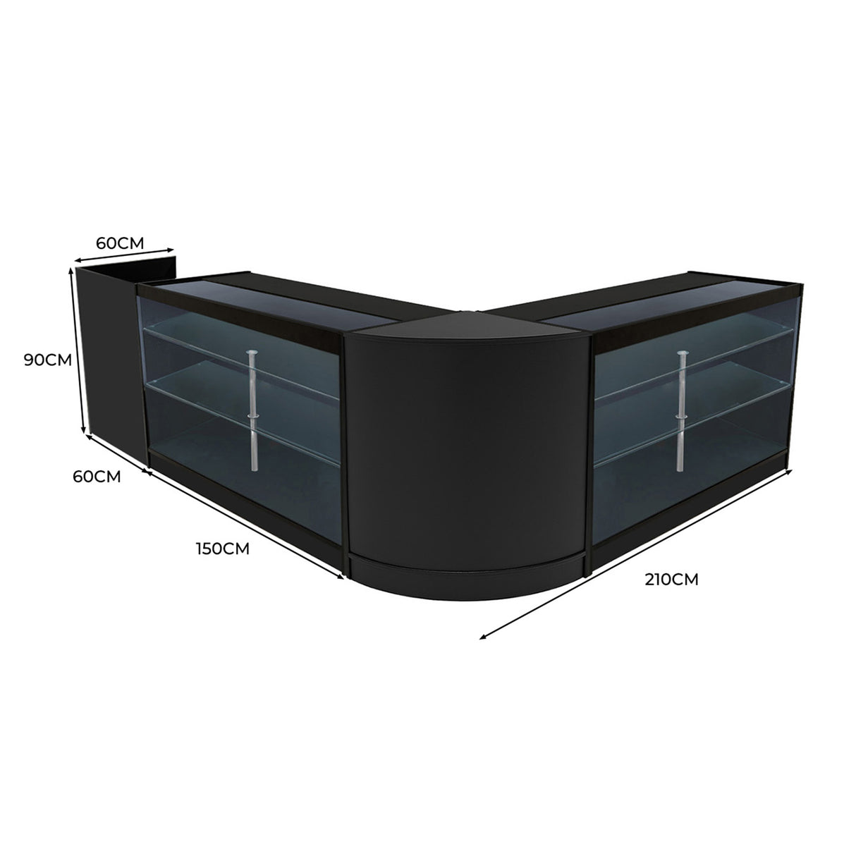 Set banconi LED Aries in nero, design moderno con ripiani in vetro, misure 210x150x90 cm, perfetto per esposizione e vendita