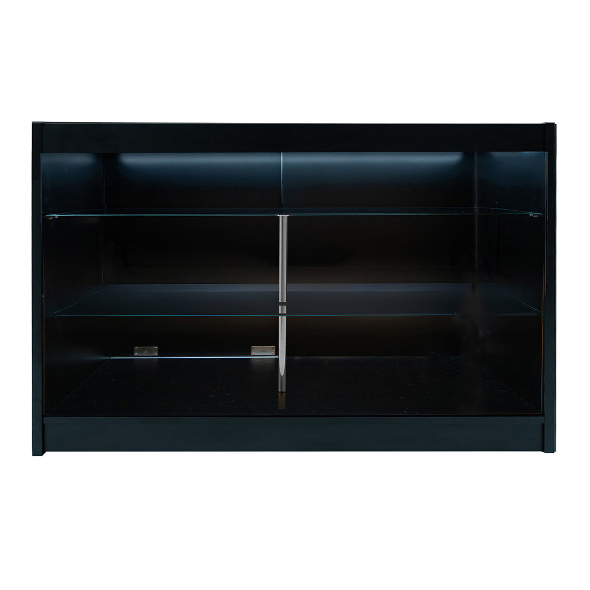 Bancone LED Aries in nero, con ripiani in vetro e illuminazione interna, design elegante e moderno per spazi commerciali