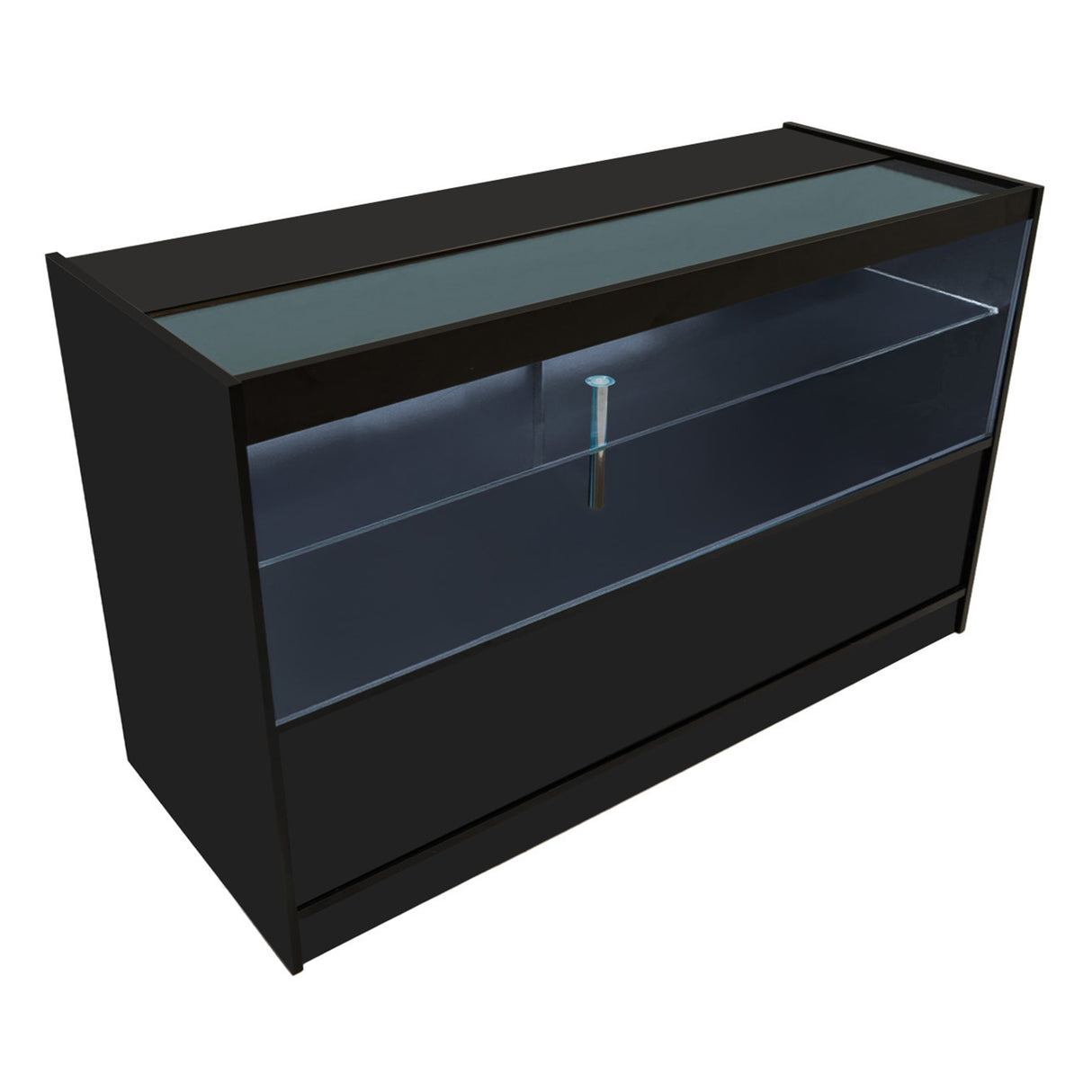 Bancone Gravity LED B1500 in nero, con superficie liscia e vetro trasparente, design moderno e linee eleganti, ideale per esposizione
