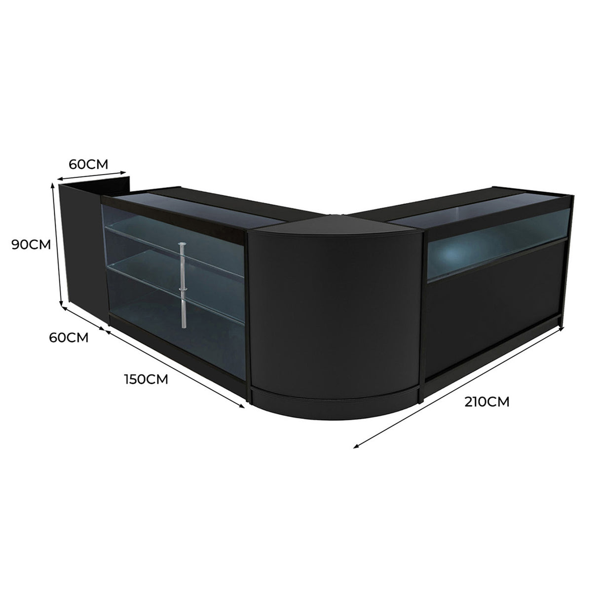 Set banconi negozio Polaris LED in nero, design angolare con ripiani in vetro, dimensioni 210x150x90 cm, elegante e moderno