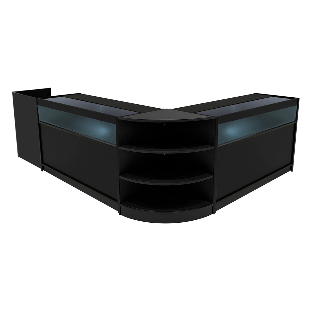Set banconi LED Sagittarius in nero, con ripiani aperti e vetrine illuminate, design moderno e angolare per esposizione elegante