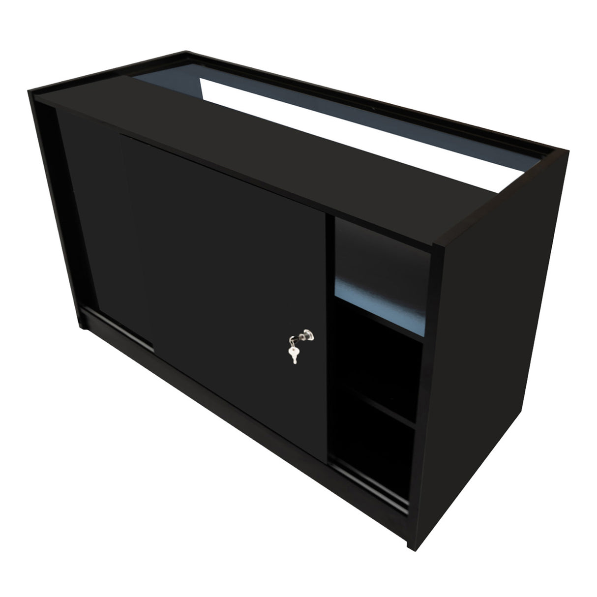 Set banconi LED Sagittarius in nero, con finitura liscia, ante scorrevoli e ripiani interni, ideale per spazi moderni e funzionali