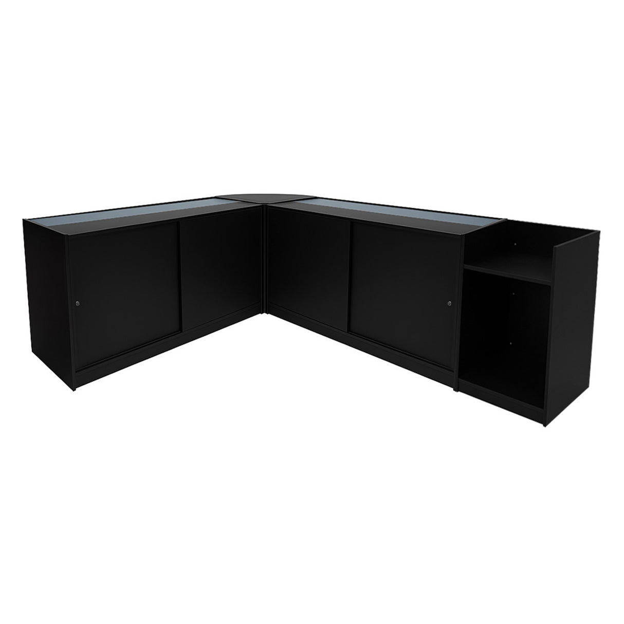 Set banconi angolare LED in nero, con superfici in vetro e finiture moderne, ideale per esposizione e arredamento elegante