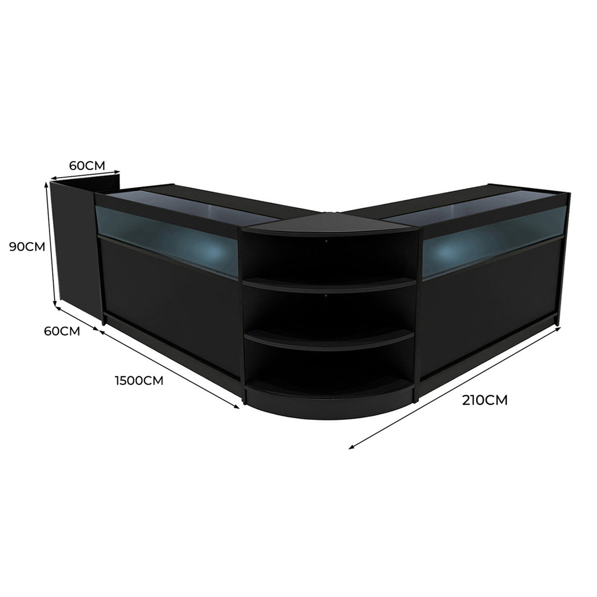 Set banconi LED Sagittarius in nero, design angolare con ripiani, illuminazione blu, dimensioni 210x90x60 cm, elegante e moderno