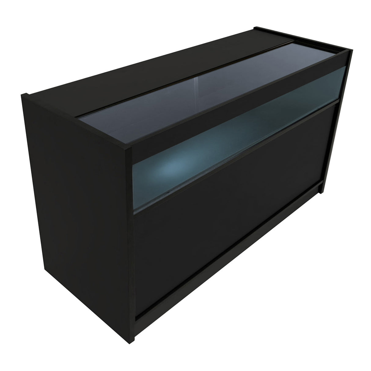 Bancone LED Sagittarius in nero, con superficie in vetro e illuminazione blu, design moderno e linee eleganti per spazi commerciali